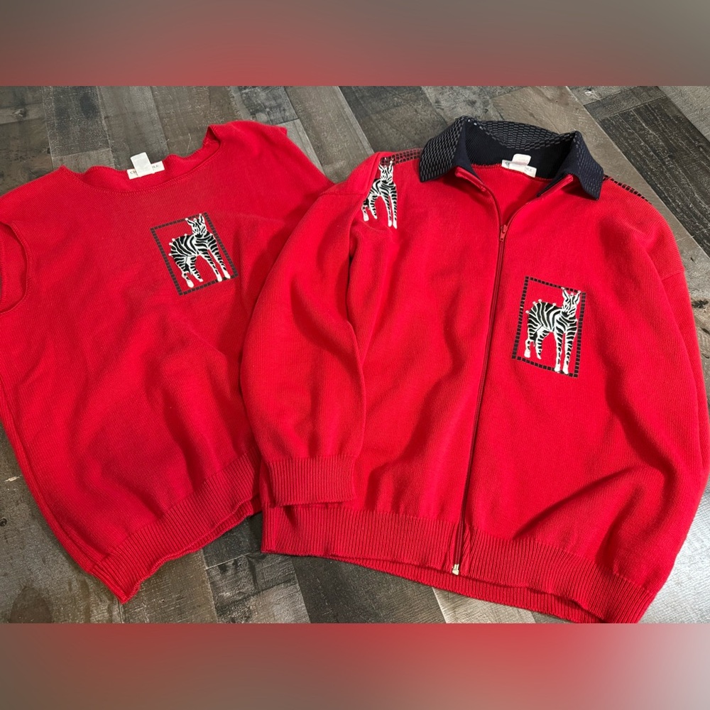Vintage Preppy Matching Sweater Set Zebra Patch‎ Zip Cardigan + Vest Large USA